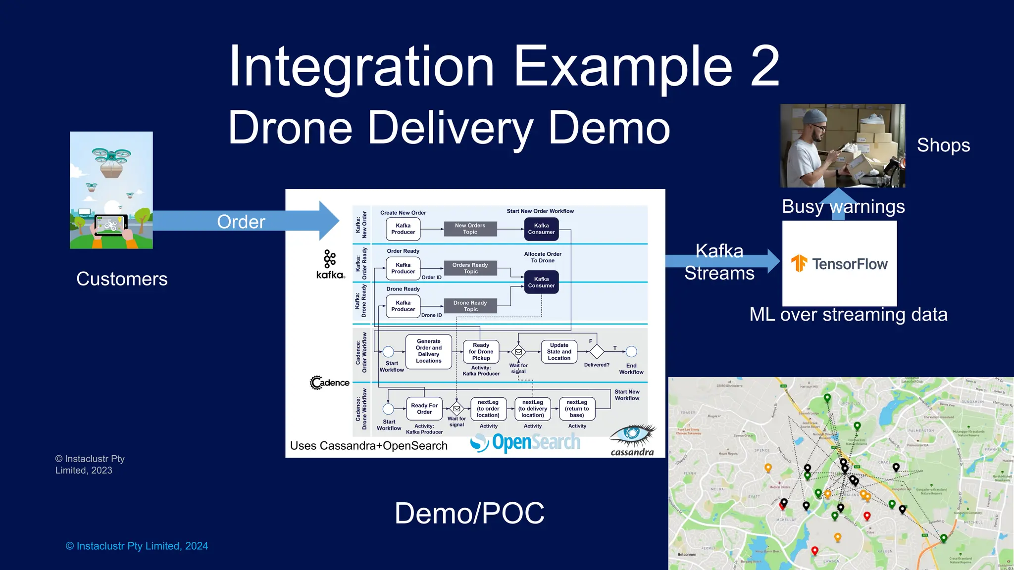 © Instaclustr Pty Limited, 2024
Integration Example 2
Drone Delivery Demo
© Instaclustr Pty
Limited, 2023
Kafka
Streams
Customers
Order
Shops
Busy warnings
Uses Cassandra+OpenSearch
ML over streaming data
Demo/POC
 