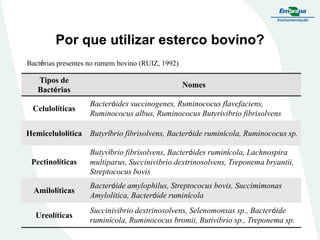 Por que utilizar esterco bovino?
Bactérias presentes no rumem bovino (RUIZ, 1992)

Tipos de
Bactérias

Celulolíticas

Nomes
Bacteróides succinogenes, Ruminococus flavefaciens,
Ruminococus albus, Ruminococus Butyrivibrio fibrisolvens

Hemicelulolítica Butyríbrio fibrisolvens, Bacteróide ruminícola, Ruminococus sp.

Pectinolíticas

Butyvíbrio fibrisolvens, Bacteróides ruminícola, Lachnospira
multiparus, Succinivibrio dextrinosolvens, Treponema bryantii,
Streptococus bovis

Amilolíticas

Bacteróide amylophilus, Streptococus bovis, Succimimonas
Amylolitica, Bacteróide ruminícola

Ureolíticas

Succinivibrio dextrinosolvens, Selenomonsas sp., Bacteróide
ruminícola, Ruminococus bromii, Butivibrio sp., Treponema sp.

 