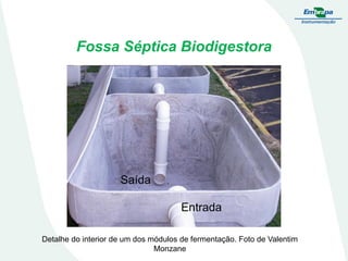 Fossa Séptica Biodigestora

Saída
Entrada
Detalhe do interior de um dos módulos de fermentação. Foto de Valentim
Monzane

 