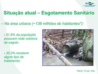 Situação atual – Esgotamento Sanitário


Na área urbana (~138 milhões de habitantes*):
51,6% da população
possuem rede coletora
de esgoto


35,3% recebem
algum tipo de
tratamento;


*IBGE, PNAB, 2004

 