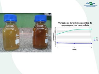 Turbidez (FTU)

Variação de turbidez nos pontos de
amostragem, em cada coleta
75
70
65
60
55
50
45
40
35
30
25
20
15
10
5
0

P1
P2

1

2
Coletas

3

 