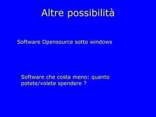 Altre possibilità

Software Opensource sotto windows




 Software che costa meno: quanto
 potete/volete spendere ?
 