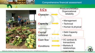 44
Comprehensive financial assessment
Character
Capacity
________
Capital/
collateral
Cash flow
Conditions
Producers/MSMEs
Organizational
reliability
• Management
• Technical
• Human & physical
• VC contract &
transactions
• Markets &
relationships
• Loan terms
• Debt Capacity
• Security
5 C’s
 