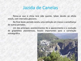 Jazida de Canelas
      Pensa-se que o clima terá sido quente, talvez devido ao efeito
estufa, com intervalos glaciares.
      No final deste período existiu uma extinção em massa à semelhança
de outros períodos.
      Um dos principais acontecimentos foi o aparecimento e a evolução
de graptólitos planctónicos, fosseis importantes para a correlação
estratigráfica.
 
