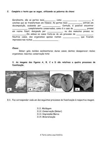 2.   Completa o texto que se segue, utilizando as palavras da chave:



     Geralmente, são as partes mais_________ como ___________, __________ e
     conchas que se transformam em fósseis. As partes mais ___________ entram em
     decomposição, acabando por ______________. Contudo, é possível encontrar
     ____________ completamente conservados, como é o caso de __________ presos
     em resina fóssil, designada por ____________, ou dos mamutes presos no
     ___________.Em ambos os casos trata-se de um processo de _____________.
     Noutros casos, dos organismos apenas restam _____________ que ficaram
     impressos nas rochas ____________________ .



     Chave:
            âmbar; gelo; moldes; sedimentares; duras; ossos; dentes; desaparecer; moles;
     organismos; insectos; conservação total.



     3. As imagens das figuras A, B, C e D são relativas a quatro processos de
     fossilização.




 A                     B                        C                      D




3.1. Faz corresponder cada um dos seguintes processos de fossilização à respectiva imagem.



                              3.1.1. Moldagem
                              3.1.2. Conservação (âmbar)
                              3.1.3. Impressão/Marca
                              3.1.4. Mineralização




                                 A Terra conta a sua História
 