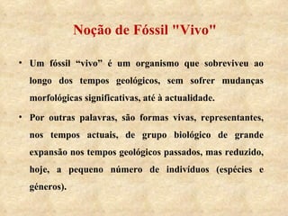 Noção de Fóssil "Vivo" Um fóssil “vivo” é um organismo que sobreviveu ao longo dos tempos geológicos, sem sofrer mudanças morfológicas significativas, até à actualidade.  Por outras palavras, são formas vivas, representantes, nos tempos actuais, de grupo biológico de grande expansão nos tempos geológicos passados, mas reduzido, hoje, a pequeno número de indivíduos (espécies e géneros). 