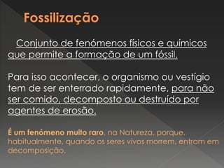 Conjunto de fenómenos físicos e químicos
que permite a formação de um fóssil.
Para isso acontecer, o organismo ou vestígio
tem de ser enterrado rapidamente, para não
ser comido, decomposto ou destruído por
agentes de erosão.
É um fenómeno muito raro, na Natureza, porque,
habitualmente, quando os seres vivos morrem, entram em
decomposição.
 