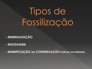 - MINERALIZAÇÃO
- MOLDAGEM
- MUMIFICAÇÃO ou CONSERVAÇÃO PARCIAL OU INTEGRAL
 