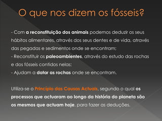 - Com a reconstituição dos animais podemos deduzir os seus
hábitos alimentares, através dos seus dentes e de vida, através
das pegadas e sedimentos onde se encontram;
- Reconstituir os paleoambientes, através do estudo das rochas
e dos fósseis contidos nelas;
- Ajudam a datar as rochas onde se encontram.
Utiliza-se o Princípio das Causas Actuais, segundo o qual os
processos que actuaram ao longo da história do planeta são
os mesmos que actuam hoje, para fazer as deduções.
 