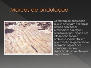 As marcas de ondulação
que se observam em praias
actuais aparecem
preservadas em alguns
arenitos antigos, dando-nos
informação sobre o
ambiente sedimentar em
que a rocha se gerou, sobre
a posição original das
camadas e sobre a
direcção das correntes que
as produziram.
 