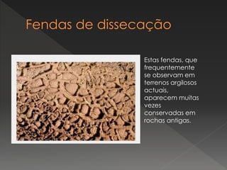 Estas fendas, que
frequentemente
se observam em
terrenos argilosos
actuais,
aparecem muitas
vezes
conservadas em
rochas antigas.
 