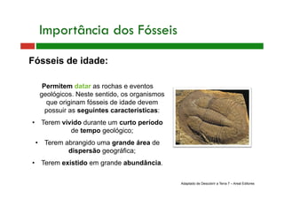 Fósseis de idade:
Permitem datar as rochas e eventos
geológicos. Neste sentido, os organismos
que originam fósseis de idade devem
possuir as seguintes características:
•  Terem vivido durante um curto período
de tempo geológico;
•  Terem abrangido uma grande área de
dispersão geográfica;
•  Terem existido em grande abundância.
Importância dos Fósseis
Adaptado de Descobrir a Terra 7 – Areal Editores
 