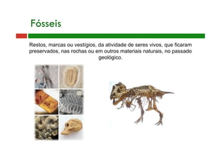 Fósseis
Restos, marcas ou vestígios, da atividade de seres vivos, que ficaram
preservados, nas rochas ou em outros materiais naturais, no passado
geológico.
 