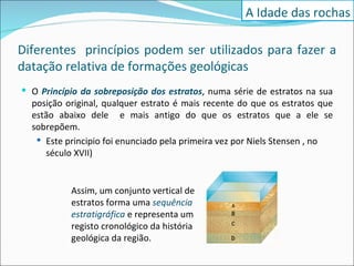 Diferentes  princípios podem ser utilizados para fazer a datação relativa de formações geológicas O   Princípio da sobreposição dos estratos , numa série de estratos na sua posição original, qualquer estrato é mais recente do que os estratos que estão abaixo dele  e mais antigo do que os estratos que a ele se sobrepõem.  Este principio foi enunciado pela primeira vez por Niels Stensen , no século XVII) A Idade das rochas Assim, um conjunto vertical de estratos forma uma   sequência estratigráfica   e representa um registo cronológico da história geológica da região. 