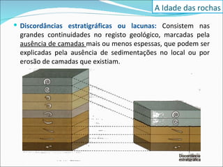 Discordâncias estratigráficas ou lacunas:  Consistem nas grandes continuidades no registo geológico, marcadas pela  ausência de camadas  mais ou menos espessas, que podem ser explicadas pela ausência de sedimentações no local ou por erosão de camadas que existiam.  A Idade das rochas 