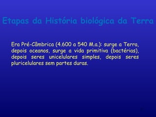 Etapas da História biológica da Terra

  Era Pré-Câmbrica (4.600 a 540 M.a.): surge a Terra,
  depois oceanos, surge a vida primitiva (bactérias),
  depois seres unicelulares simples, depois seres
  pluricelulares sem partes duras.




                                                        12
 