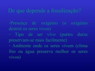 De que depende a fossilização?

-Presença de oxigénio (o oxigénio
destrói os seres vivos)
- Tipo de ser vivo (partes duras
preservam-se mais facilmente)
- Ambiente onde os seres vivem (clima
frio ou água preserva melhor os seres
vivos)
                                    4
 
