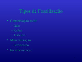 Tipos de Fossilização
• Conservação total:
  – Gelo
  – Âmbar
  – Turfeiras
• Mineralização
  – Petrificação
• Incarbonização

                                7
 
