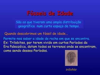Fósseis de Idade
       São os que tiveram uma ampla distribuição
        geográfica num curto espaço de tempo.

 Quando descobrimos um fóssil de idade...
Permite-nos saber a idade da rocha em que se encontra.
Ex: Trilobites, por terem vivido em curtos Períodos da
Era Paleozóica, datam todos os terrenos onde se encontram,
como sendo desses Períodos.




                                      trilobite       9
 