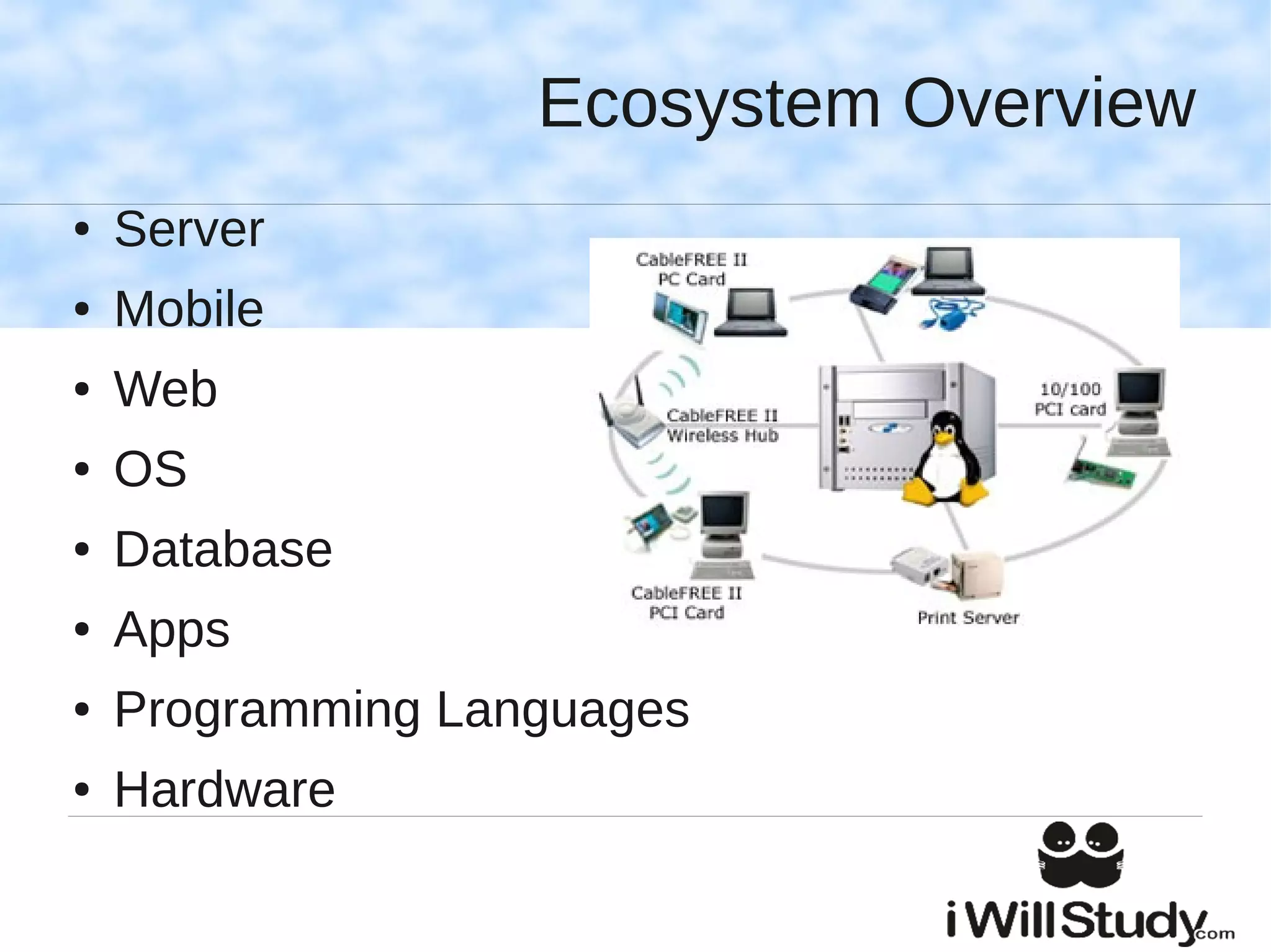 Ecosystem Overview
●   Server
●   Mobile
●   Web
●   OS
●   Database
●   Apps
●   Programming Languages
●   Hardware
 