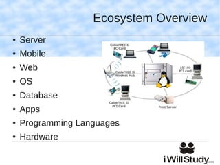 Ecosystem Overview
●   Server
●   Mobile
●   Web
●   OS
●   Database
●   Apps
●   Programming Languages
●   Hardware
 