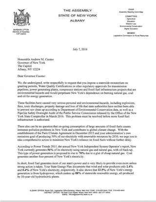 Letter from 22 New York State Legislators Asking Gov. Cuomo to Enact a Moratorium on "Fossil Fuel Infrastructure"