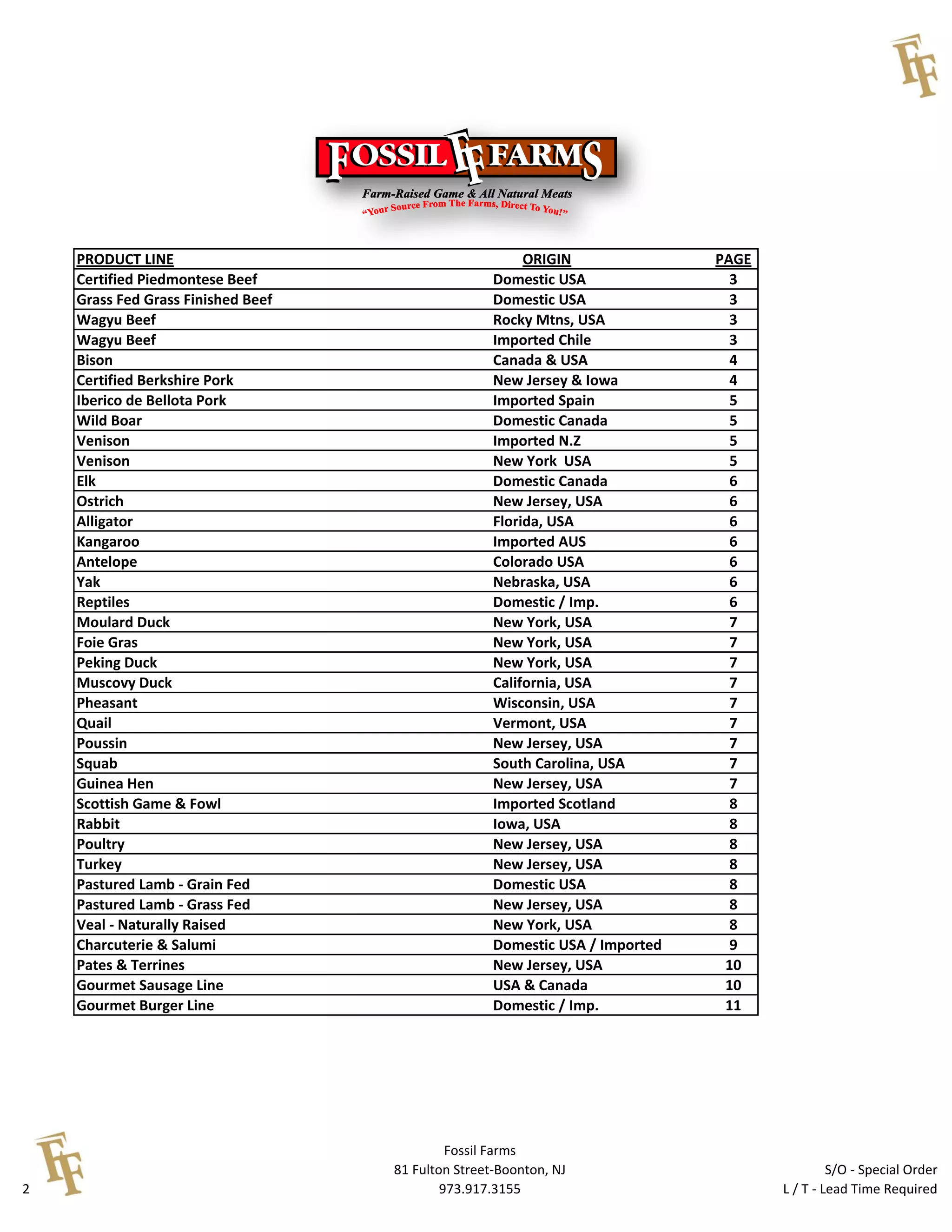 Fossil Farms Product List  2012