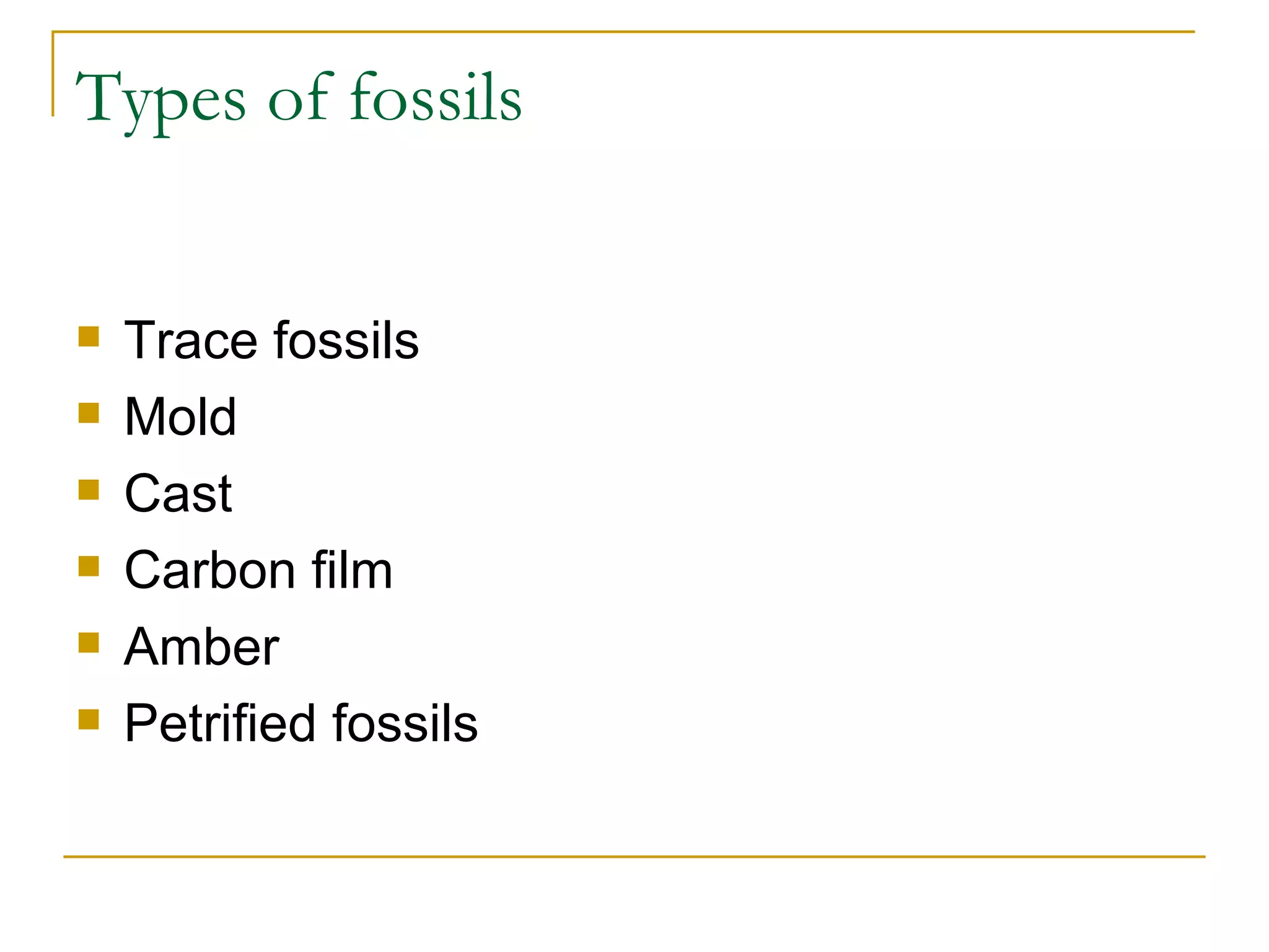 Types of fossils Trace fossils Mold Cast Carbon film Amber Petrified fossils 