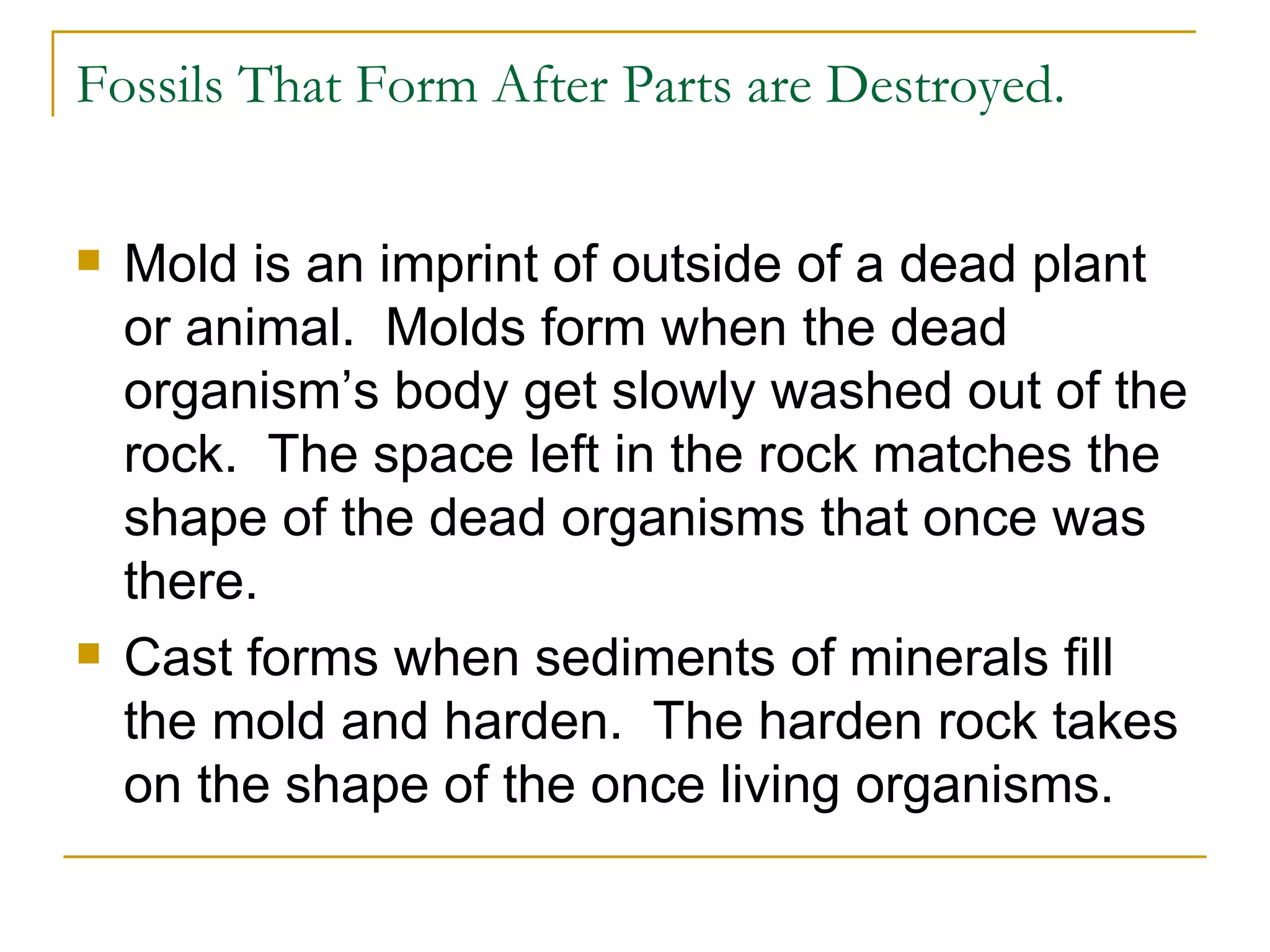 Fossils That Form After Parts are Destroyed. Mold is an imprint of outside of a dead plant or animal.  Molds form when the dead organism’s body get slowly washed out of the rock.  The space left in the rock matches the shape of the dead organisms that once was there. Cast forms when sediments of minerals fill the mold and harden.  The harden rock takes on the shape of the once living organisms. 
