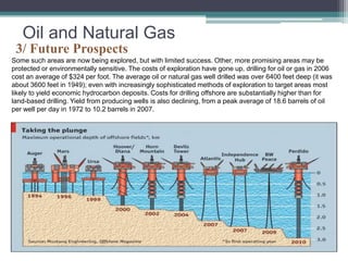 Oil and Natural Gas 
3/ Future Prospects 
Some such areas are now being explored, but with limited success. Other, more promising areas may be 
protected or environmentally sensitive. The costs of exploration have gone up, drilling for oil or gas in 2006 
cost an average of $324 per foot. The average oil or natural gas well drilled was over 6400 feet deep (it was 
about 3600 feet in 1949); even with increasingly sophisticated methods of exploration to target areas most 
likely to yield economic hydrocarbon deposits. Costs for drilling offshore are substantially higher than for 
land-based drilling. Yield from producing wells is also declining, from a peak average of 18.6 barrels of oil 
per well per day in 1972 to 10.2 barrels in 2007. 
 