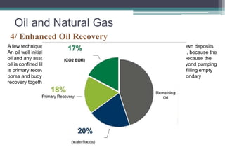 Oil and Natural Gas 
4/ Enhanced Oil Recovery 
A few techniques are being developed to increase petroleum production from known deposits. 
An oil well initially yields its oil with minimal pumping, or even “gushes” on its own, because the 
oil and any associated gas are under pressure from overlying rocks, or perhaps because the 
oil is confined like water in an artesian system. Recovery using no techniques beyond pumping 
is primary recovery. When flow falls off, water may be pumped into the reservoir, filling empty 
pores and buoying up more oil to the well (secondary recovery). Primary and secondary 
recovery together extract an average of one-third of the oil in a given trap 
 