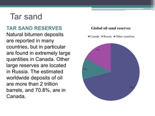 Tar sand 
TAR SAND RESERVES 
Natural bitumen deposits 
are reported in many 
countries, but in particular 
are found in extremely large 
quantities in Canada. Other 
large reserves are located 
in Russia. The estimated 
worldwide deposits of oil 
are more than 2 trillion 
barrels, and 70.8%, are in 
Canada. 
Global oil sand reserves 
Canada Russia Other countries 
71% 
12% 
17% 
 