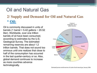 Oil and Natural Gas 
2/ Supply and Demand for Oil and Natural Gas 
* Oil: 
Oil is commonly discussed in units of 
barrels (1 barrel = 5.42 gallons ~ 20.52 
liter). Worldwide, over one trillion 
barrels of oil have been consumed, 
according to estimates by the U.S. 
Geological Survey. The estimated 
remaining reserves are about 1.2 
trillion barrels. That does not sound too 
ominous until one realizes that close to 
half of the consumption has occurred 
in the last quarter-century or so. Also, 
global demand continues to increase 
as more countries advance 
technologically. 
 