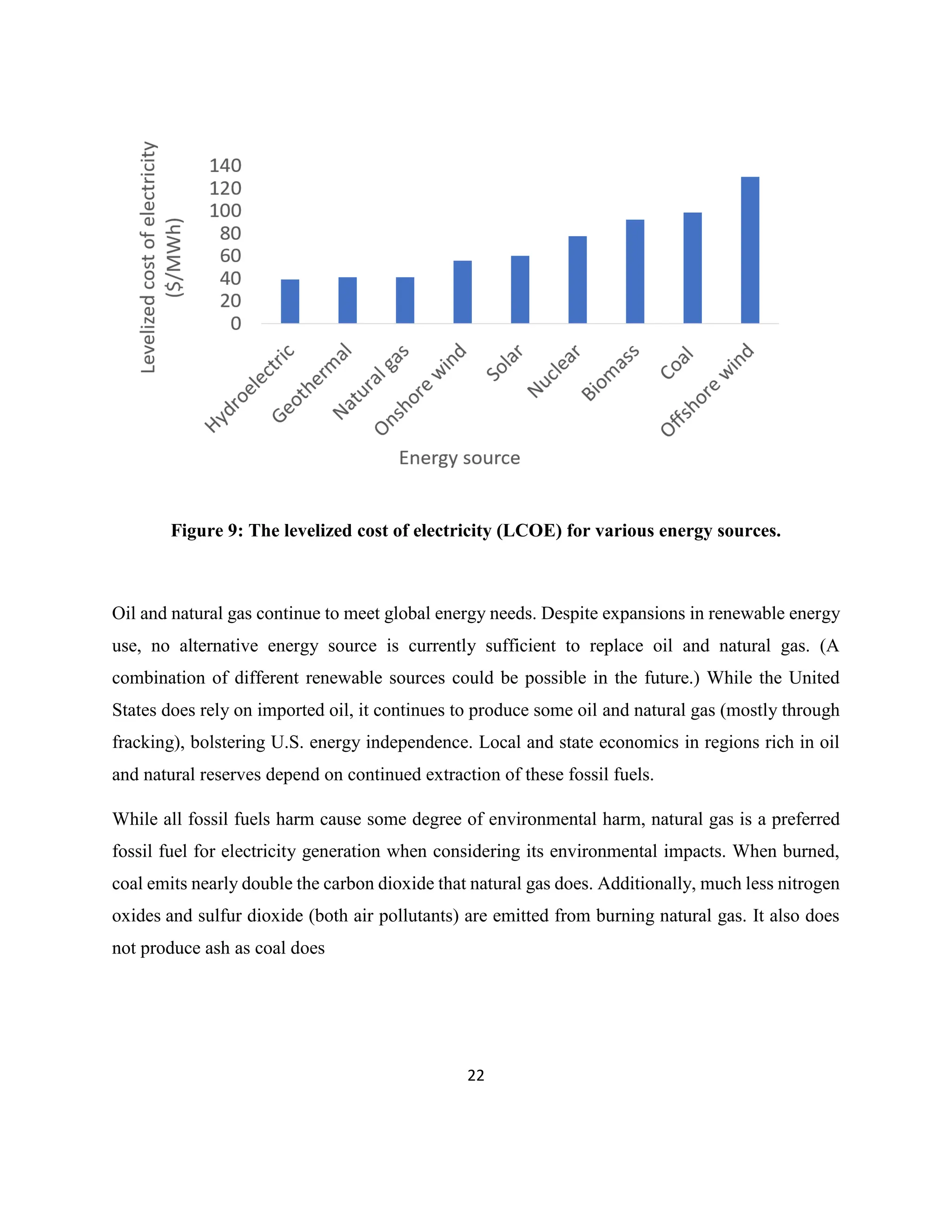 22
Figure 9: The levelized cost of electricity (LCOE) for various energy sources.
Oil and natural gas continue to meet global energy needs. Despite expansions in renewable energy
use, no alternative energy source is currently sufficient to replace oil and natural gas. (A
combination of different renewable sources could be possible in the future.) While the United
States does rely on imported oil, it continues to produce some oil and natural gas (mostly through
fracking), bolstering U.S. energy independence. Local and state economics in regions rich in oil
and natural reserves depend on continued extraction of these fossil fuels.
While all fossil fuels harm cause some degree of environmental harm, natural gas is a preferred
fossil fuel for electricity generation when considering its environmental impacts. When burned,
coal emits nearly double the carbon dioxide that natural gas does. Additionally, much less nitrogen
oxides and sulfur dioxide (both air pollutants) are emitted from burning natural gas. It also does
not produce ash as coal does
 