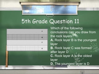 5th Grade Question 11 Which of the following conclusions can you draw from the rock layers?  A.  Rock layer B is the youngest layer B.  Rock layer C was formed after layer D C.  Rock layer A is the oldest layer D.  The youngest layer is D 