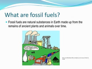What are fossil fuels?Fossil fuels are natural substances in Earth made up from the remains of ancient plants and animals over time.http://worldwidestar.files.wordpress.com/2009/10/fossil_fuels.gif