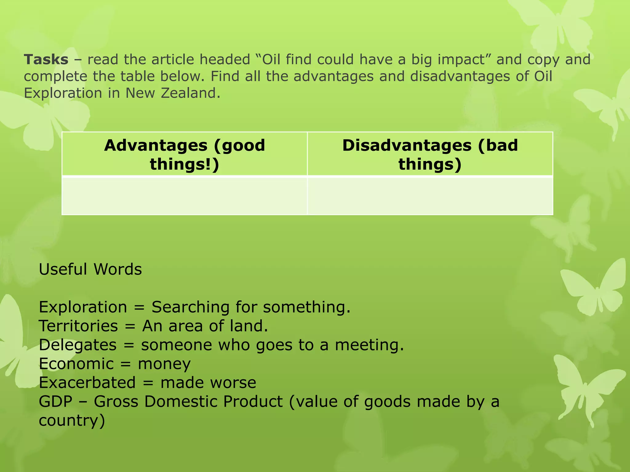 Tasks – read the article headed “Oil find could have a big impact” and copy and
complete the table below. Find all the advantages and disadvantages of Oil
Exploration in New Zealand.
Advantages (good
things!)
Disadvantages (bad
things)
Useful Words
Exploration = Searching for something.
Territories = An area of land.
Delegates = someone who goes to a meeting.
Economic = money
Exacerbated = made worse
GDP – Gross Domestic Product (value of goods made by a
country)
 