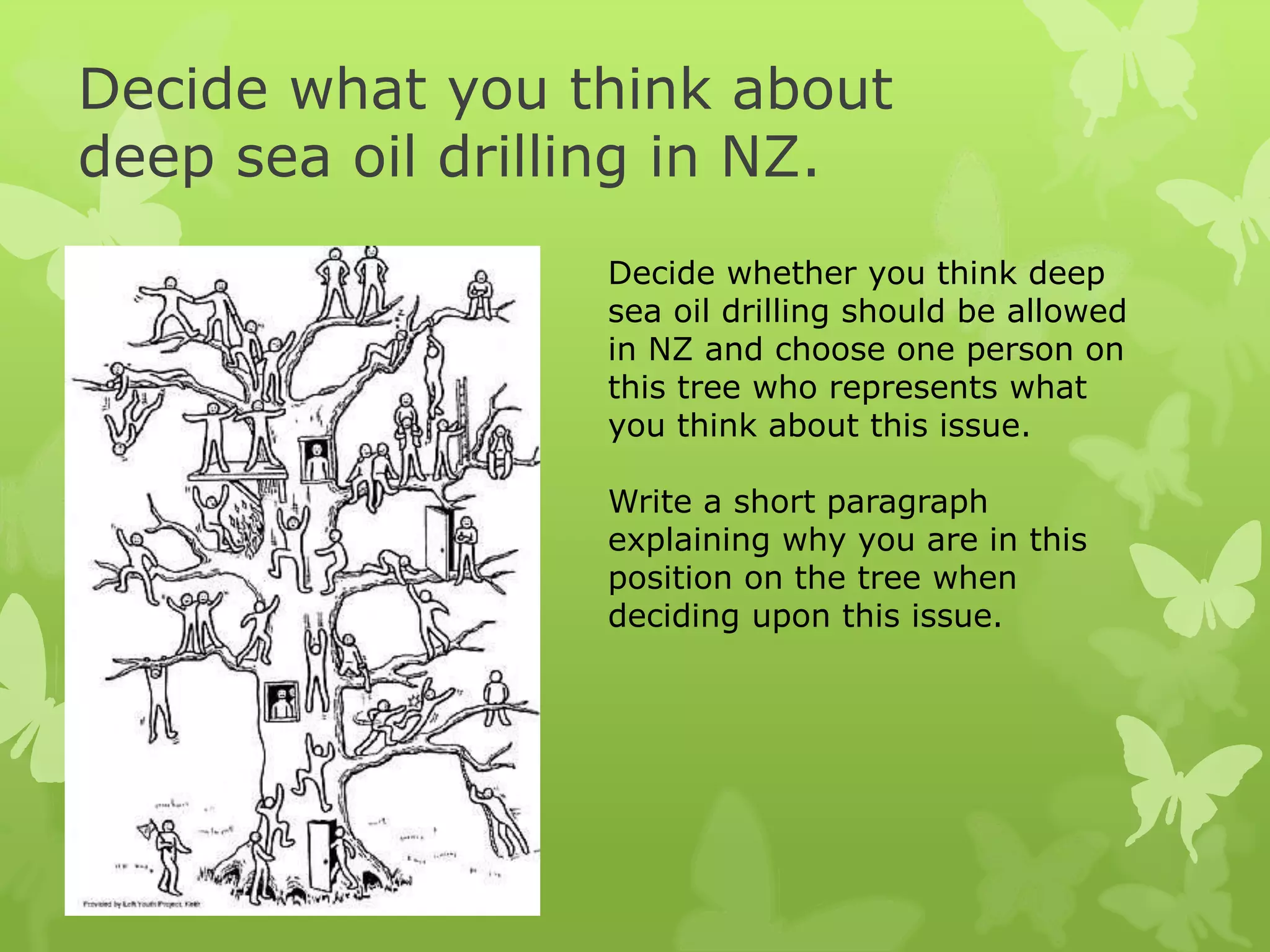 Decide what you think about
deep sea oil drilling in NZ.
Decide whether you think deep
sea oil drilling should be allowed
in NZ and choose one person on
this tree who represents what
you think about this issue.
Write a short paragraph
explaining why you are in this
position on the tree when
deciding upon this issue.
 