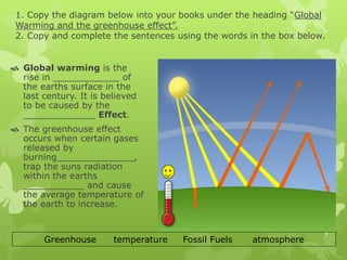 1. Copy the diagram below into your books under the heading “Global
Warming and the greenhouse effect”.
2. Copy and complete the sentences using the words in the box below.
 Global warming is the
rise in ____________ of
the earths surface in the
last century. It is believed
to be caused by the
_____________ Effect.
 The greenhouse effect
occurs when certain gases
released by
burning______________,
trap the suns radiation
within the earths
___________ and cause
the average temperature of
the earth to increase.
Greenhouse temperature Fossil Fuels atmosphere
 