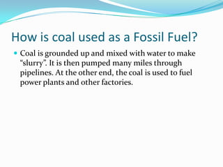 How is coal used as a Fossil Fuel?Coal is grounded up and mixed with water to make “slurry”. It is then pumped many miles through pipelines. At the other end, the coal is used to fuel power plants and other factories.