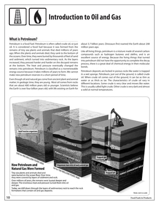 Introduction to Oil and Gas
What is Petroleum?
Petroleum is a fossil fuel. Petroleum is often called crude oil, or just
oil. It is considered a fossil fuel because it was formed from the
remains of tiny sea plants and animals that died millions of years
ago. When the plants and animals died, they sank to the bottom of
the oceans. Over time, they were buried by thousands of feet of sand
and sediment, which turned into sedimentary rock. As the layers
increased, they pressed harder and harder on the decayed remains
at the bottom. The heat and pressure eventually changed the
remains into petroleum. Petroleum is classified as a nonrenewable
energy source because it takes millions of years to form. We cannot
make new petroleum reserves in a short period of time.
Even though oil and natural gas come from ancient plant and animal
matter, in geologic time, they are young. Most oil comes from rocks
that are about 400 million years old or younger. Scientists believe
the Earth is over four billion years old, with life existing on Earth for

10	

about 3.7 billion years. Dinosaurs first roamed the Earth about 248
million years ago.
Like all living things, petroleum is a mixture made of several carbon
compounds such as hydrogen butanes and olefins, and is an
excellent source of energy. Because the living things that turned
into petroleum did not have the opportunity to complete the decay
process, there is a great deal of chemical energy in their molecular
bonds.
Petroleum deposits are locked in porous rocks like water is trapped
in a wet sponge. Petroleum, just out of the ground, is called crude
oil. When crude oil comes out of the ground, it can be as thin as
water or as thick as tar. The characteristics of crude oil vary in
different locations. Some crude is very clear and moves like water.
This is usually called light crude. Other crude is very dark and almost
a solid at normal temperatures.

Fossil Fuels to Products

 