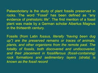 Palaeobotany is the study of plant fossils preserved in
rocks. The word “Fossil” has been defined as “any
evidence of prehistoric life”. The first mention of a fossil
plant was made by a German scholar Aibertus Magnus
in the thirteenth century.
Fossils (from Latin fossus, literally “having been dug
up”) are the preserved remains or traces of animals,
plants, and other organisms from the remote past. The
totality of fossils, both discovered and undiscovered,
and their placement in fossiliferous (fossil-containing)
rock formations and sedimentary layers (strata) is
known as the fossil record
 