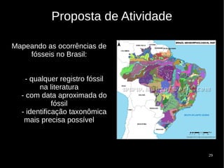 29
Proposta de Atividade
Mapeando as ocorrências de
fósseis no Brasil:
- qualquer registro fóssil
na literatura
- com data aproximada do
fóssil
- identificação taxonômica
mais precisa possível
 