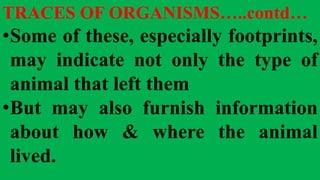 TRACES OF ORGANISMS…..contd…
•Some of these, especially footprints,
may indicate not only the type of
animal that left them
•But may also furnish information
about how & where the animal
lived.
 