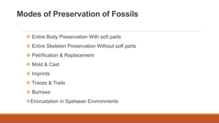 Modes of Preservation of Fossils
 Entire Body Preservation With soft parts
 Entire Skeleton Preservation Without soft parts
 Petrification & Replacement
 Mold & Cast
 Imprints
 Traces & Trails
 Burrows
Encrustation in Spelaean Environments
 