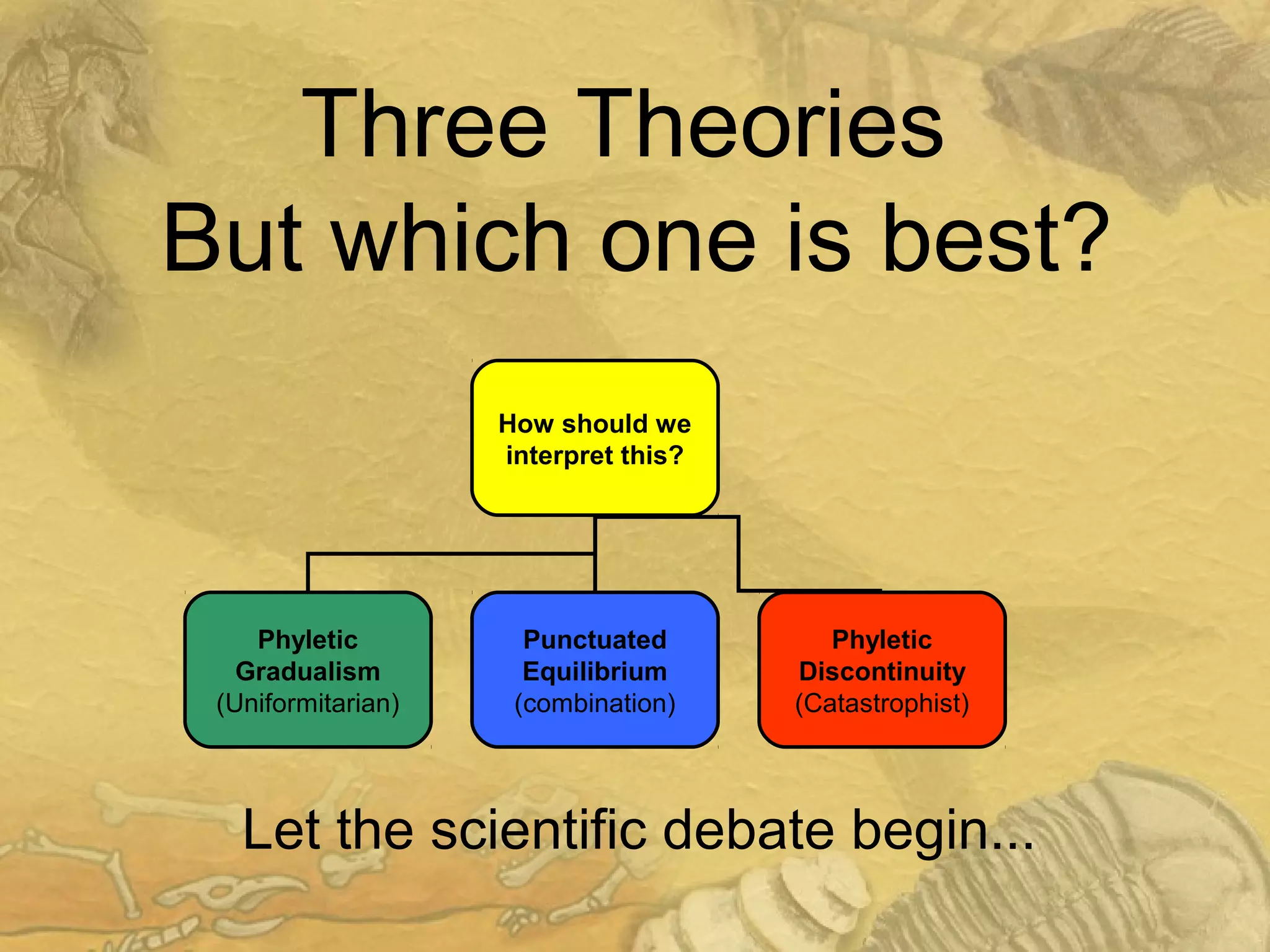 Three Theories
But which one is best?
How should we
interpret this?
Phyletic
Gradualism
(Uniformitarian)
Punctuated
Equilibrium
(combination)
Phyletic
Discontinuity
(Catastrophist)
Let the scientific debate begin...
 