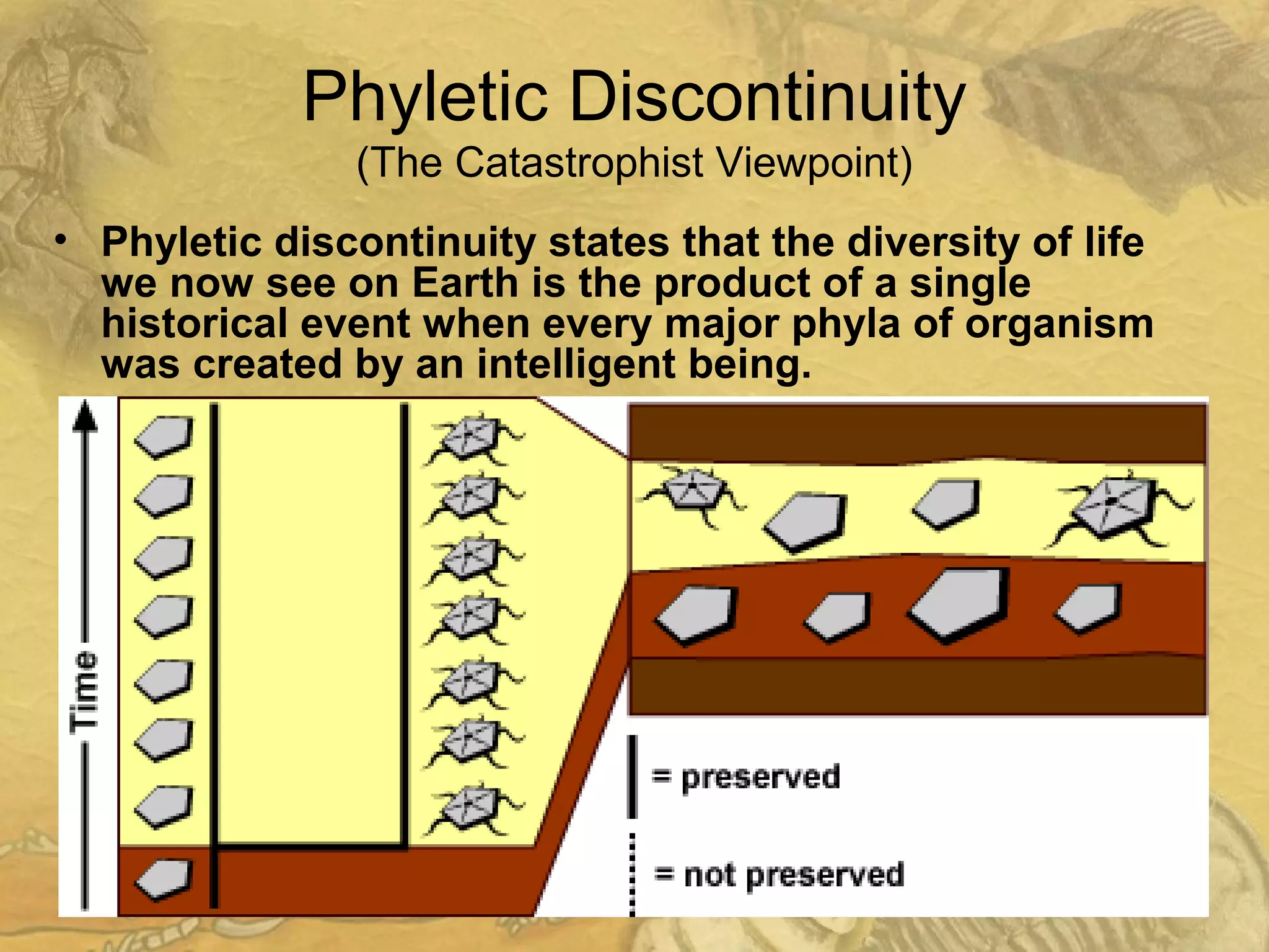 Phyletic Discontinuity
(The Catastrophist Viewpoint)
• Phyletic discontinuity states that the diversity of life
we now see on Earth is the product of a single
historical event when every major phyla of organism
was created by an intelligent being.
– Most rock layers on Earth have been laid down quickly
by catastrophic events (both local and global).
– The sudden appearance of every major body plan as
seen in the fossil record ("Cambrian Explosion") is
evidence that each biological form had an independent
origin.
• Darwin's "missing" transitional fossils never existed; they were
only fabricated by evolutionists to make their theory plausible.
• The fossil record, as it stands, supports the sudden appearance
of a variety of different organisms, not the gradual evolution of
distinct body plans.
• The mass extinctions recorded in the fossil record are further
evidence for worldwide cataclysmic events.
 
