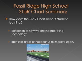 How does the STaR Chart benefit student learning? Reflection of how we are incorporating technology Identifies areas of need for us to improve upon. 