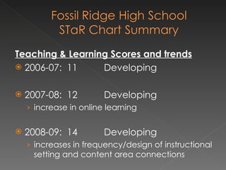 Teaching & Learning Scores and trends 2006-07:  11 Developing 2007-08:  12 Developing increase in online learning 2008-09:  14 Developing increases in frequency/design of instructional setting and content area connections 