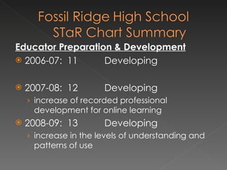 Educator Preparation & Development 2006-07:  11 Developing 2007-08:  12 Developing increase of recorded professional development for online learning 2008-09:  13 Developing increase in the levels of understanding and patterns of use 